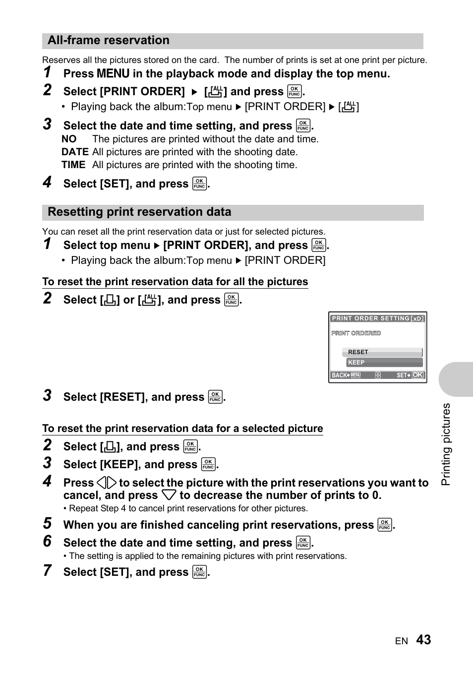 All-frame reservation, Resetting print reservation data | Olympus 730 User Manual | Page 43 / 80