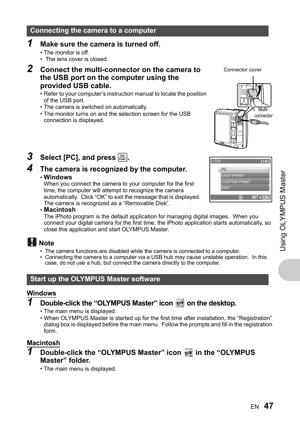 Connecting the camera to a computer, Start up the olympus master software, Gp. 47 | Olympus 730 User Manual | Page 47 / 80