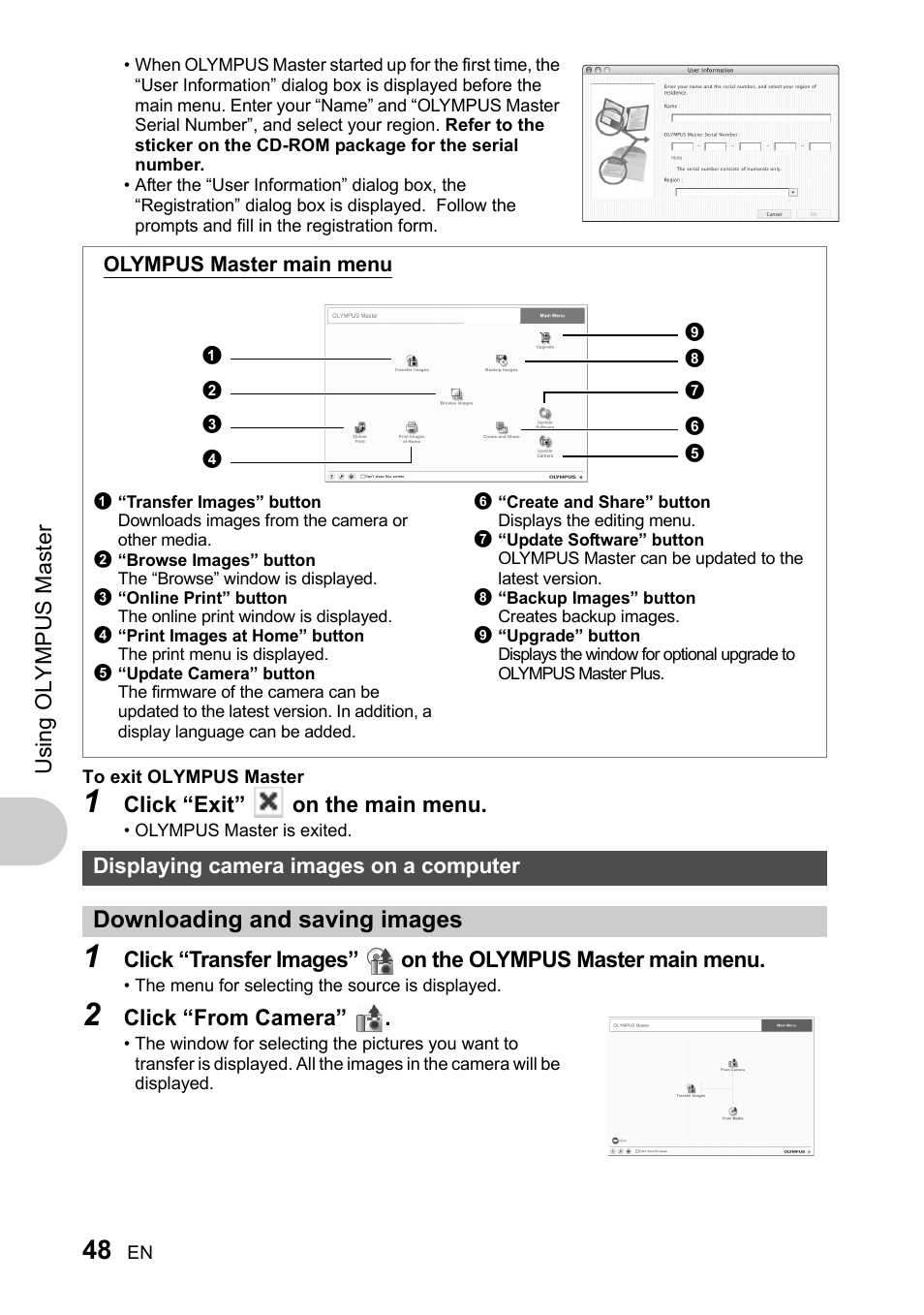Displaying camera images on a computer, Downloading and saving images, Gp. 48 | Usi ng olympus mast er, Click “exit” on the main menu, Click “from camera | Olympus 730 User Manual | Page 48 / 80