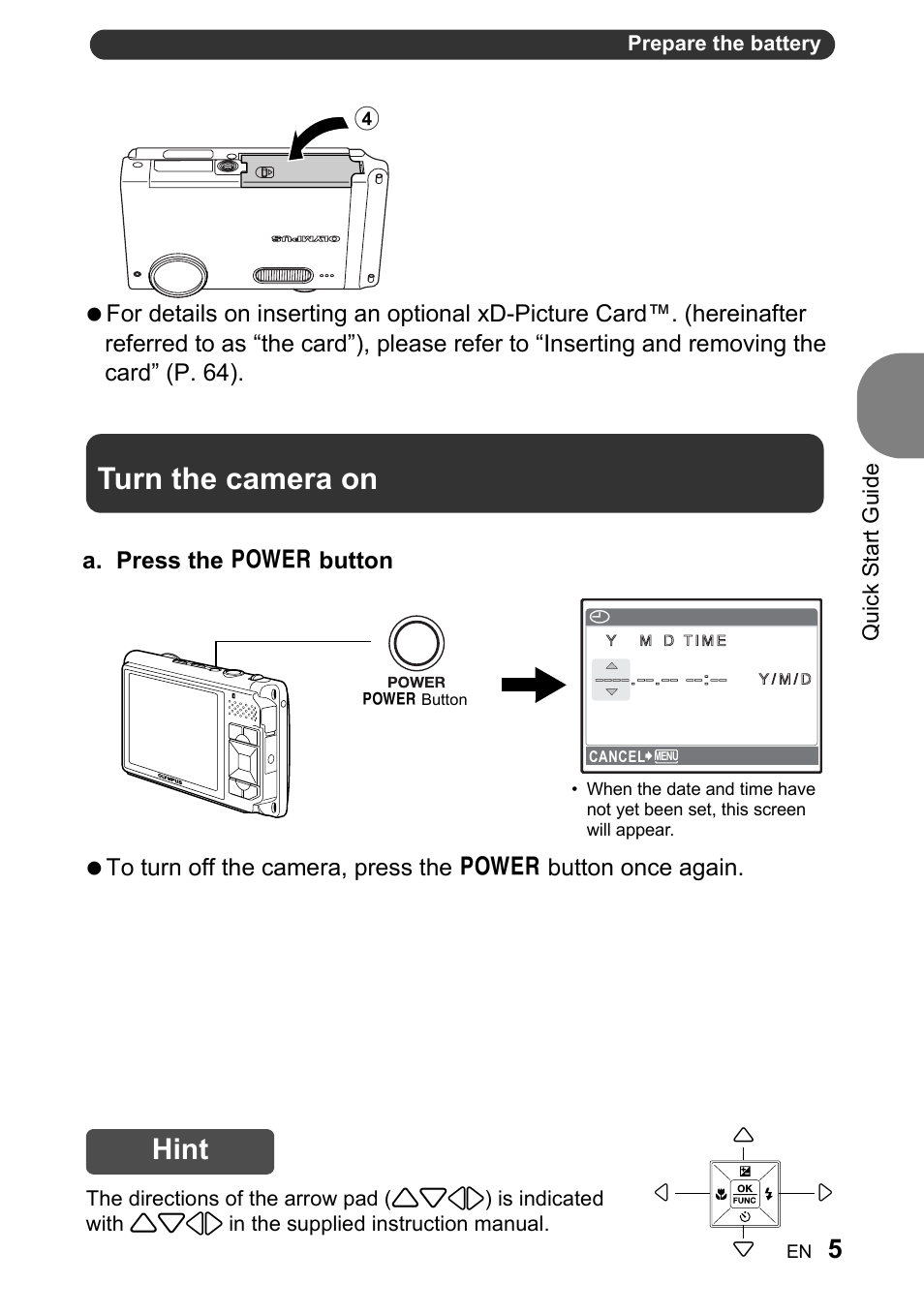 Turn the camera on, Hint, Quick start guide | Olympus 730 User Manual | Page 5 / 80