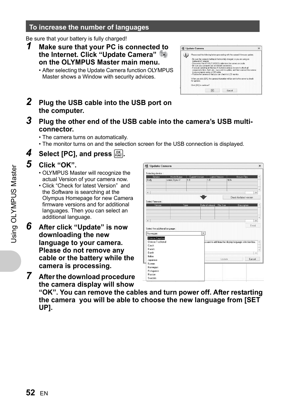 To increase the number of languages | Olympus 730 User Manual | Page 52 / 80