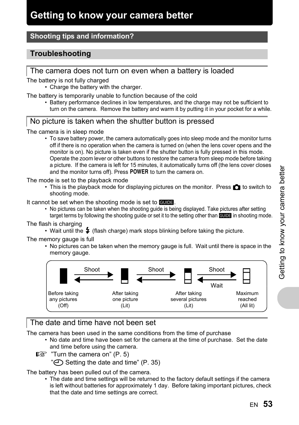 Getting to know your camera better, Shooting tips and information, Troubleshooting | The date and time have not been set, P. 53, Ab c d | Olympus 730 User Manual | Page 53 / 80