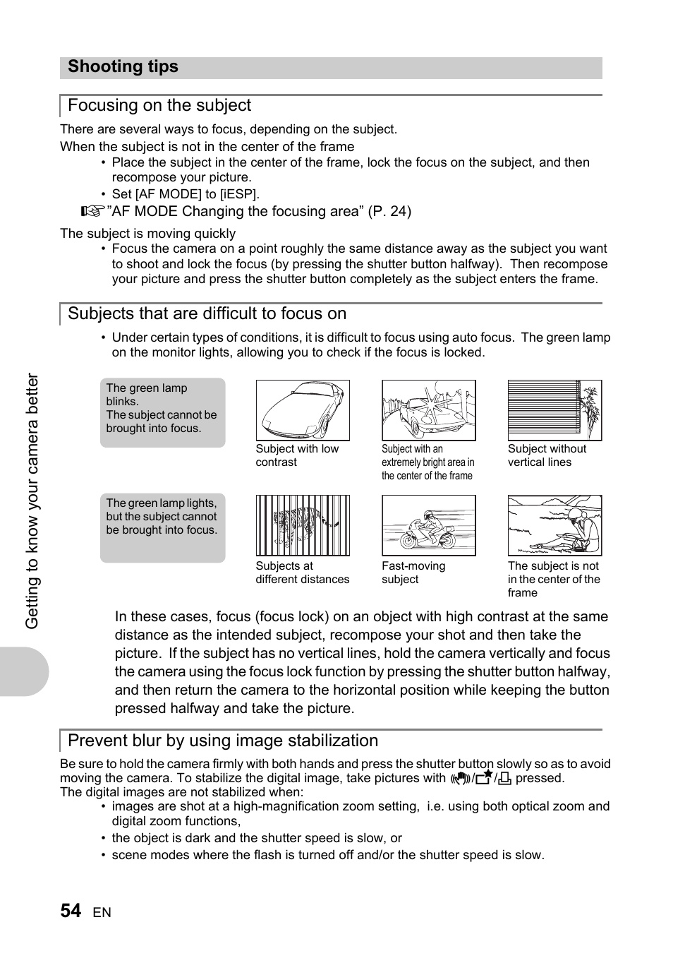 Shooting tips, Focusing on the subject, Subjects that are difficult to focus on | Prevent blur by using image stabilization | Olympus 730 User Manual | Page 54 / 80
