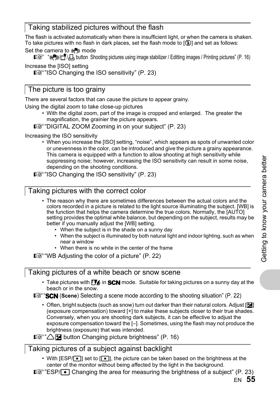 Taking stabilized pictures without the flash, The picture is too grainy, Taking pictures with the correct color | Taking pictures of a white beach or snow scene, Taking pictures of a subject against backlight | Olympus 730 User Manual | Page 55 / 80