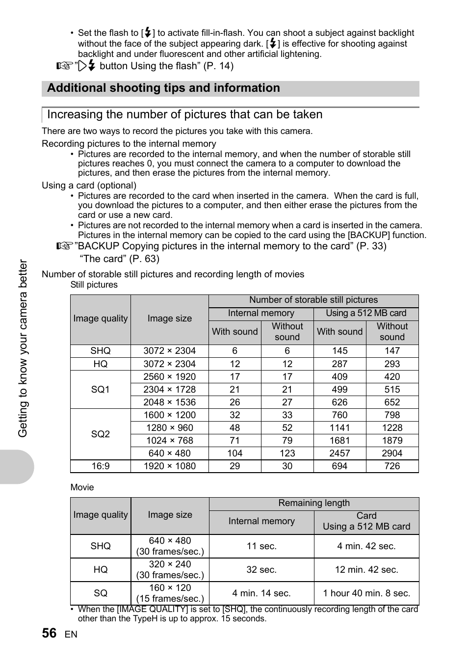Additional shooting tips and information, Getting to know your camera better | Olympus 730 User Manual | Page 56 / 80