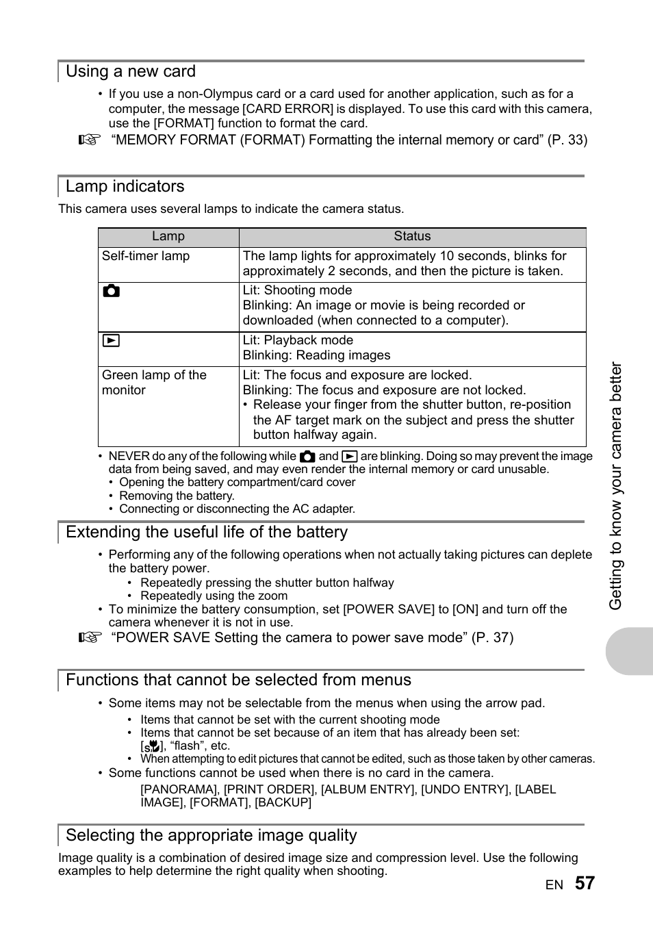Using a new card, Lamp indicators, Extending the useful life of the battery | Functions that cannot be selected from menus, Selecting the appropriate image quality, Using a new card lamp indicators | Olympus 730 User Manual | Page 57 / 80