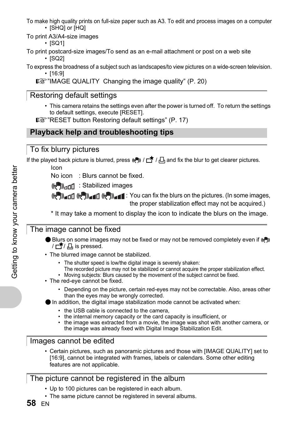 Restoring default settings, Playback help and troubleshooting tips, To fix blurry pictures | The image cannot be fixed, Images cannot be edited, The picture cannot be registered in the album, Getting to know your camera better | Olympus 730 User Manual | Page 58 / 80
