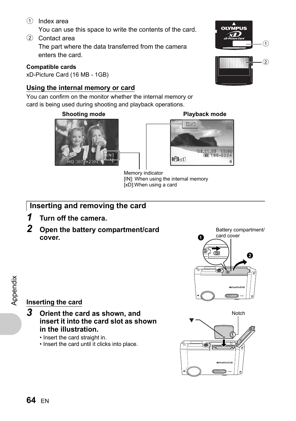 Inserting and removing the card, Appe ndi x, Turn off the camera | Open the battery compartment/card cover | Olympus 730 User Manual | Page 64 / 80