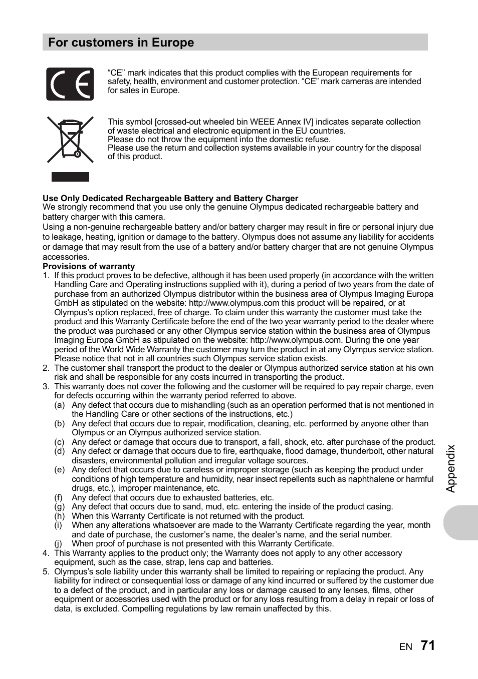 For customers in europe, Appe ndi x | Olympus 730 User Manual | Page 71 / 80