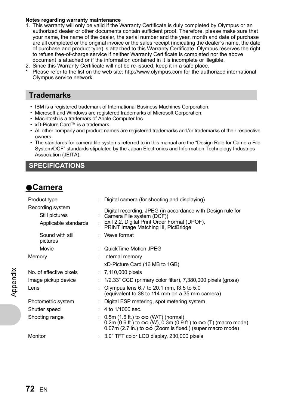 Specifications, Camera, Trademarks | Appe ndi x | Olympus 730 User Manual | Page 72 / 80