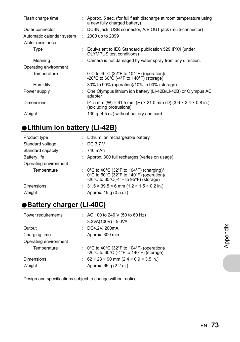 Lithium ion battery (li-42b), Battery charger (li-40c), Appendix | Olympus 730 User Manual | Page 73 / 80