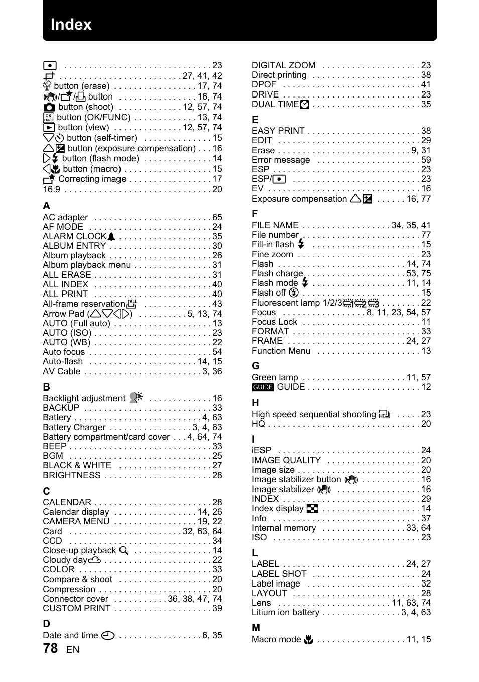 Index | Olympus 730 User Manual | Page 78 / 80