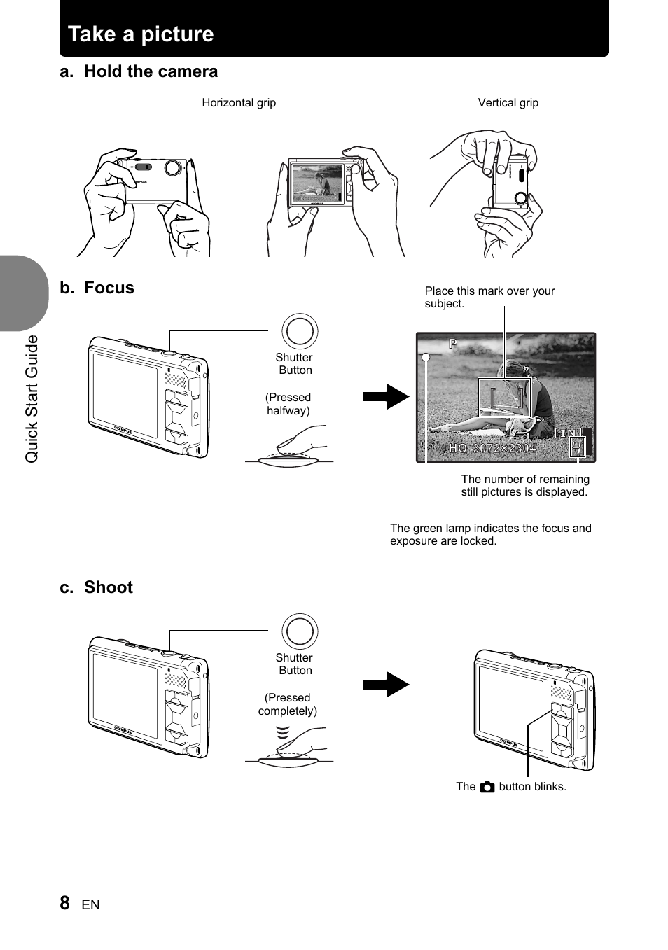 Take a picture, A. hold the camera c. shoot, B. focus | Quick start guide | Olympus 730 User Manual | Page 8 / 80