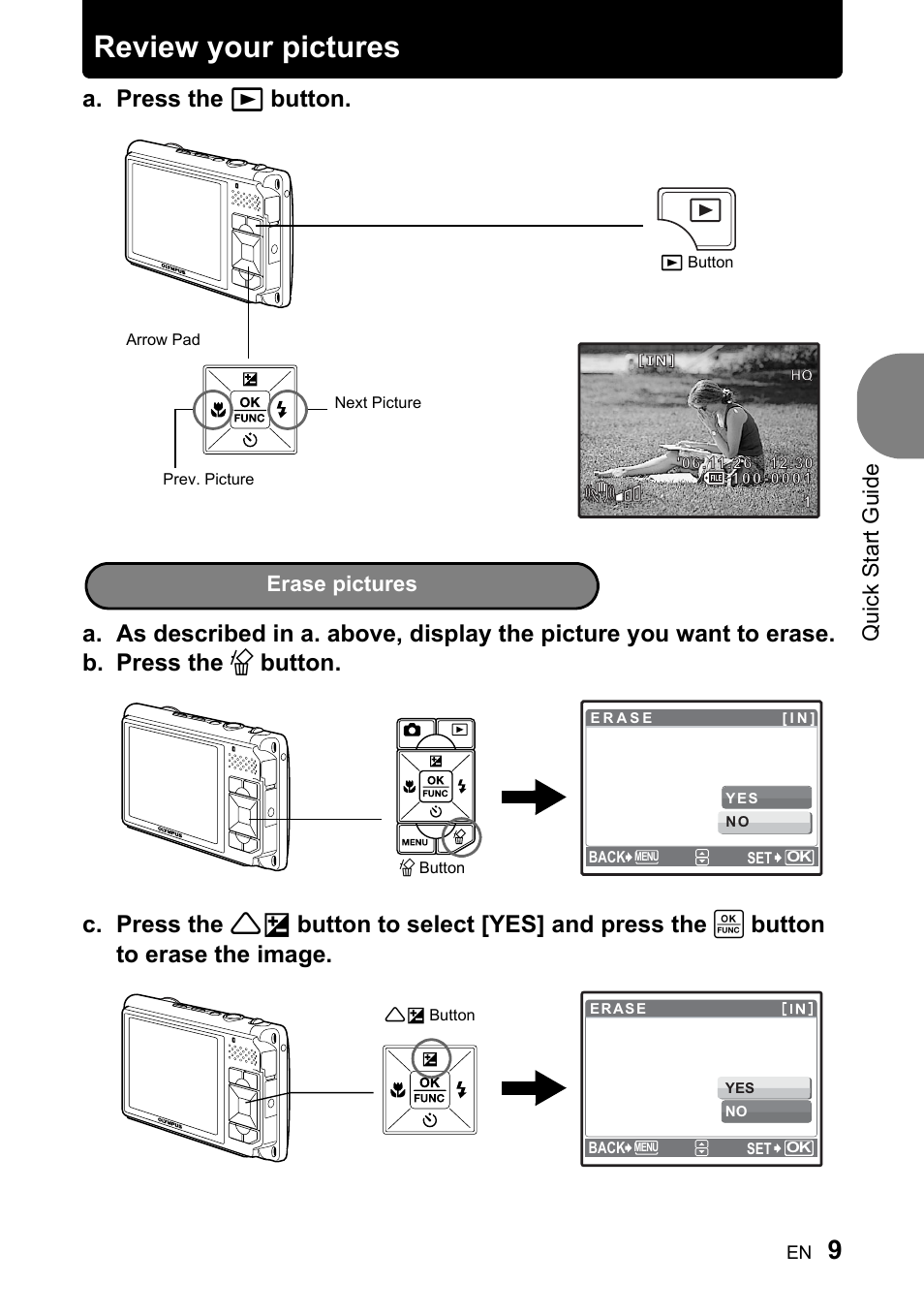 Review your pictures, Quick start guide, Erase pictures | Olympus 730 User Manual | Page 9 / 80