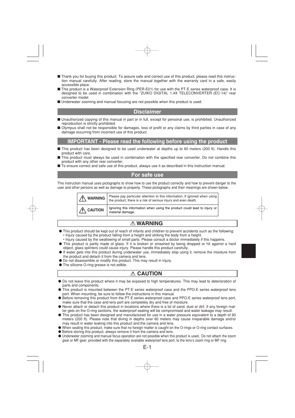 E-1 warning disclaimer, For safe use, Caution | Olympus PER-E01 User Manual | Page 11 / 60