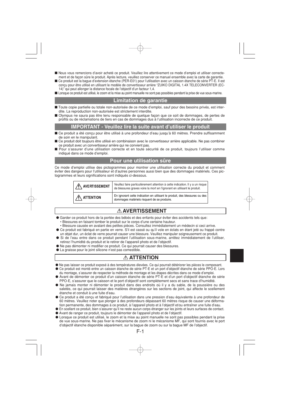 F-1 avertissement limitation de garantie, Pour une utilisation sûre, Attention | Olympus PER-E01 User Manual | Page 19 / 60