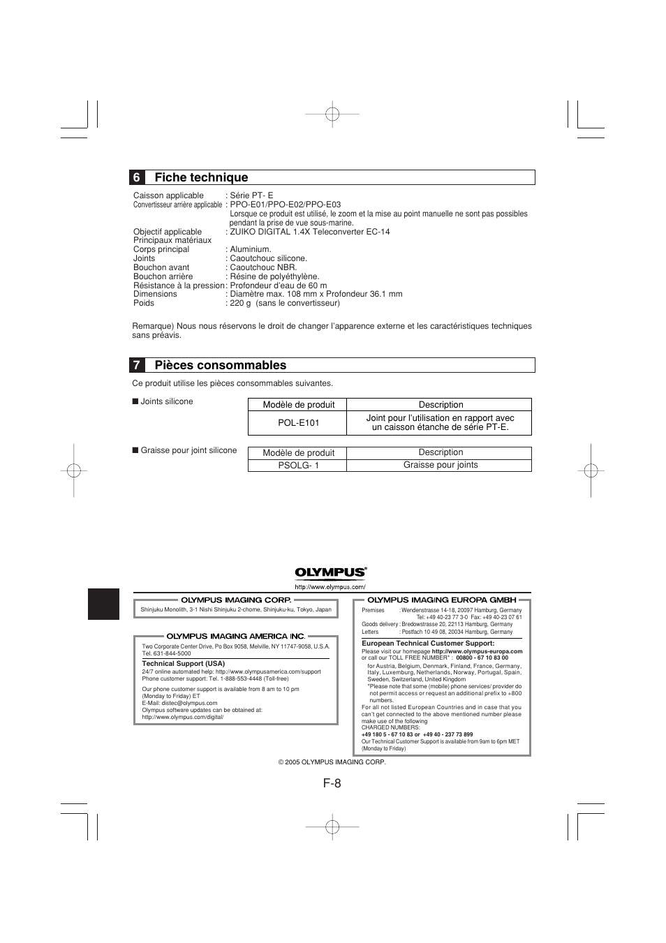 6fiche technique, 7pièces consommables | Olympus PER-E01 User Manual | Page 26 / 60
