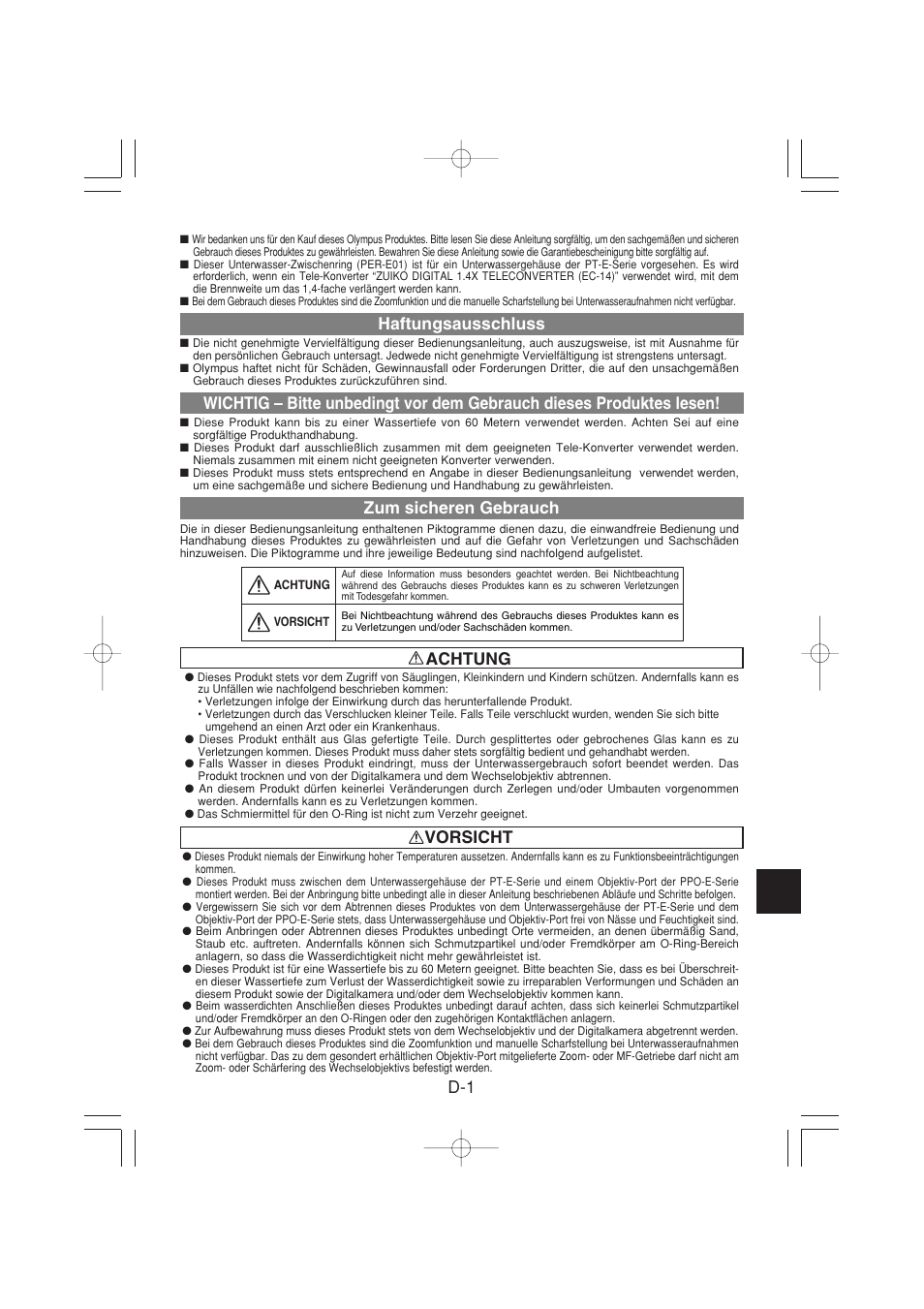 Vorsicht d-1 haftungsausschluss, Zum sicheren gebrauch, Achtung | Olympus PER-E01 User Manual | Page 27 / 60
