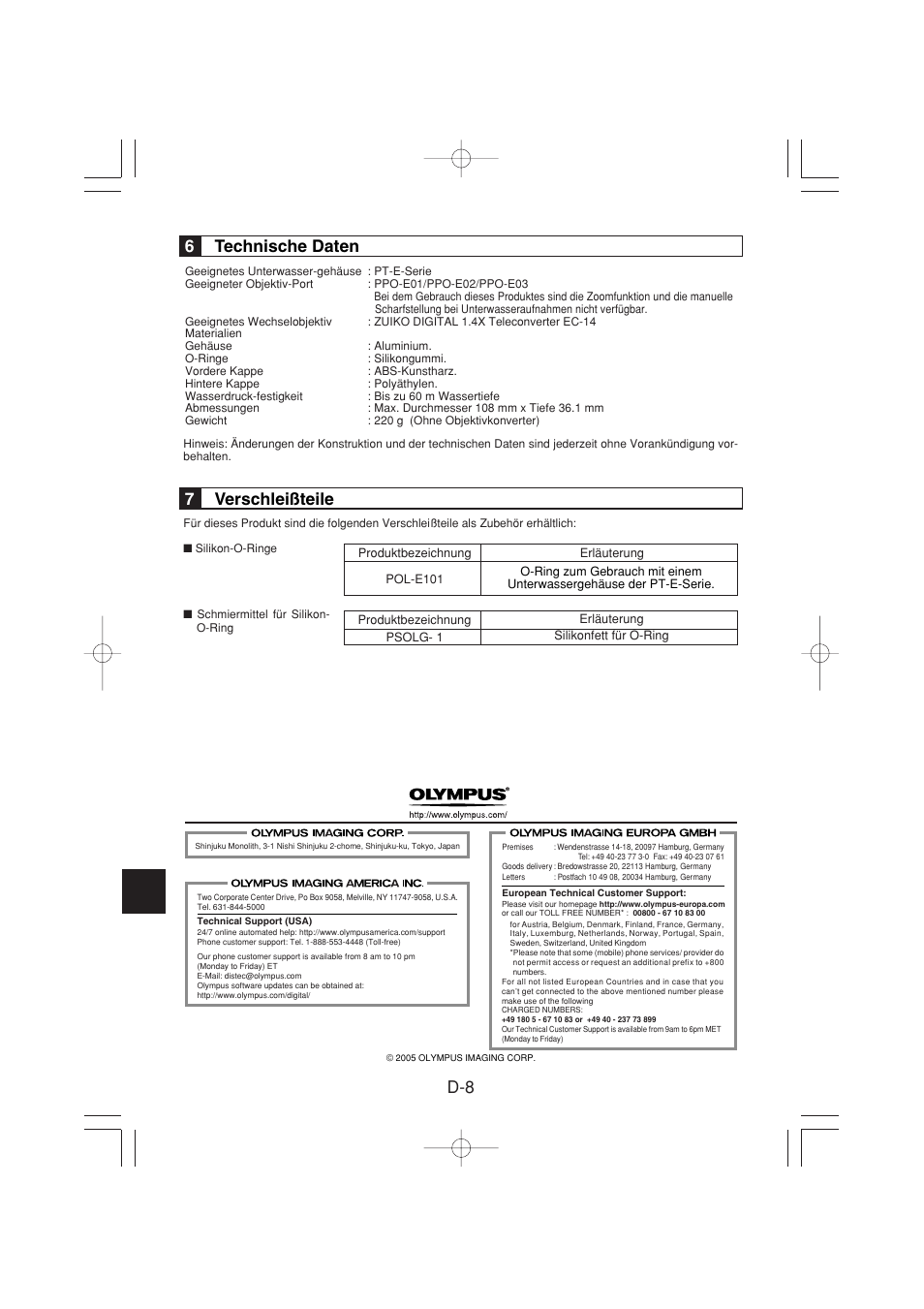 6technische daten, 7verschleißteile | Olympus PER-E01 User Manual | Page 34 / 60