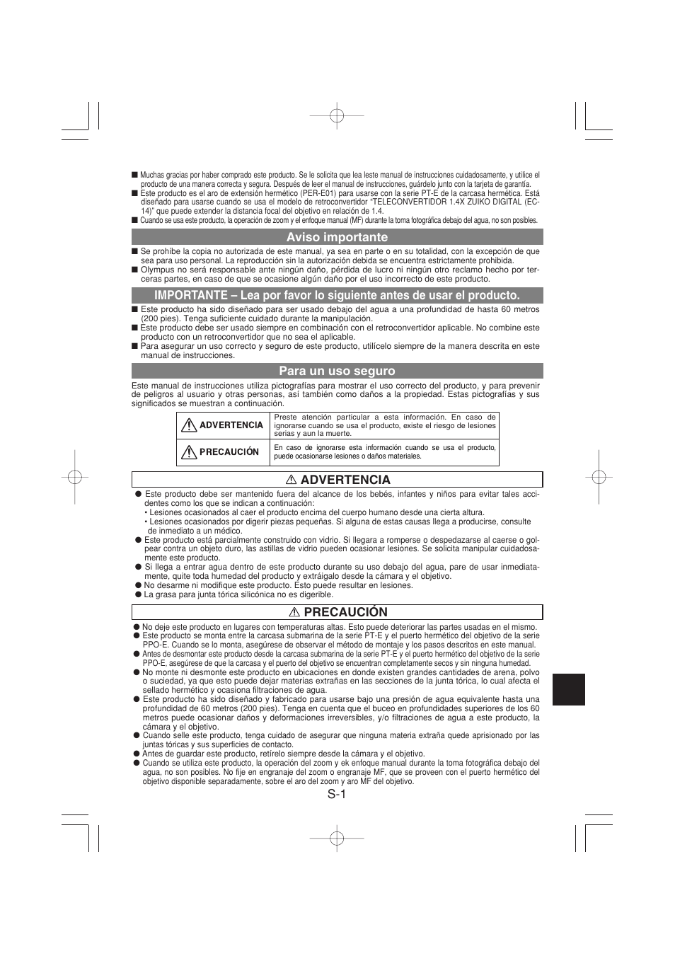 Advertencia precaución s-1 aviso importante, Para un uso seguro | Olympus PER-E01 User Manual | Page 35 / 60