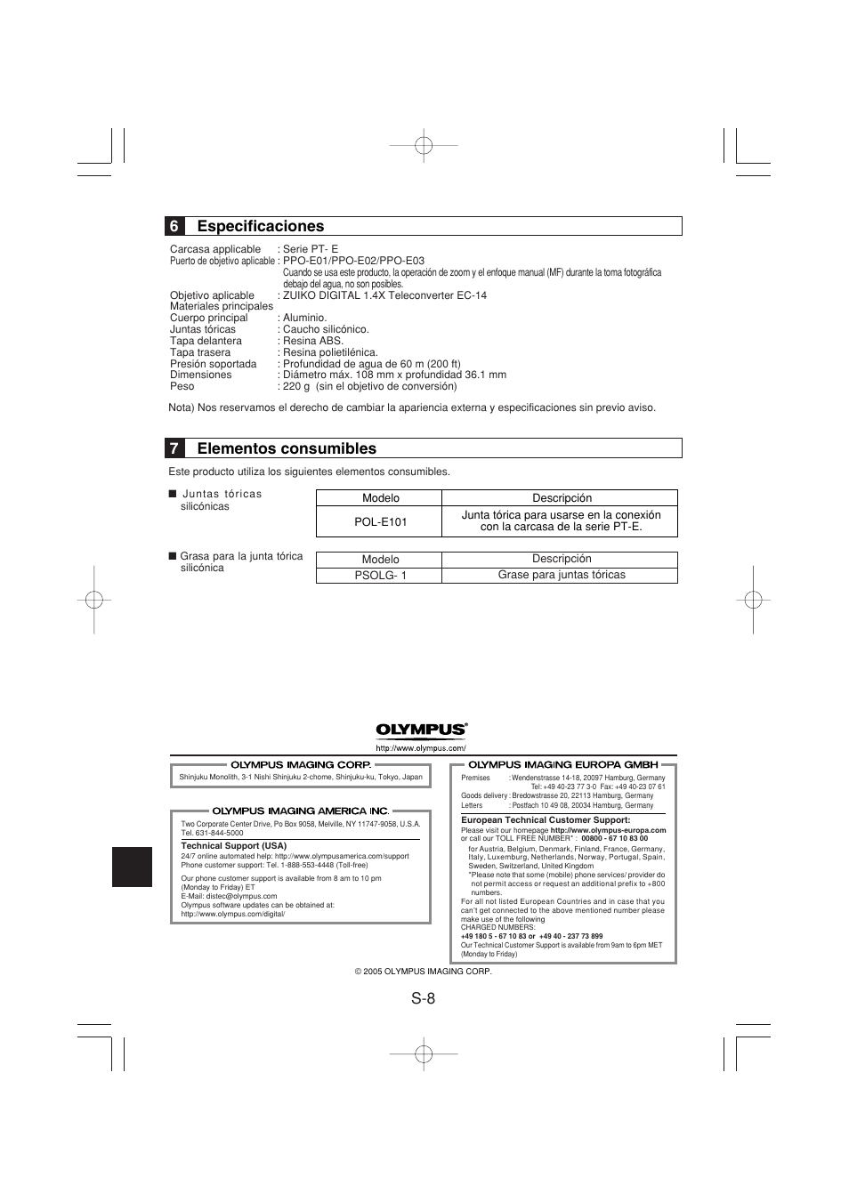 6especificaciones, 7elementos consumibles | Olympus PER-E01 User Manual | Page 42 / 60