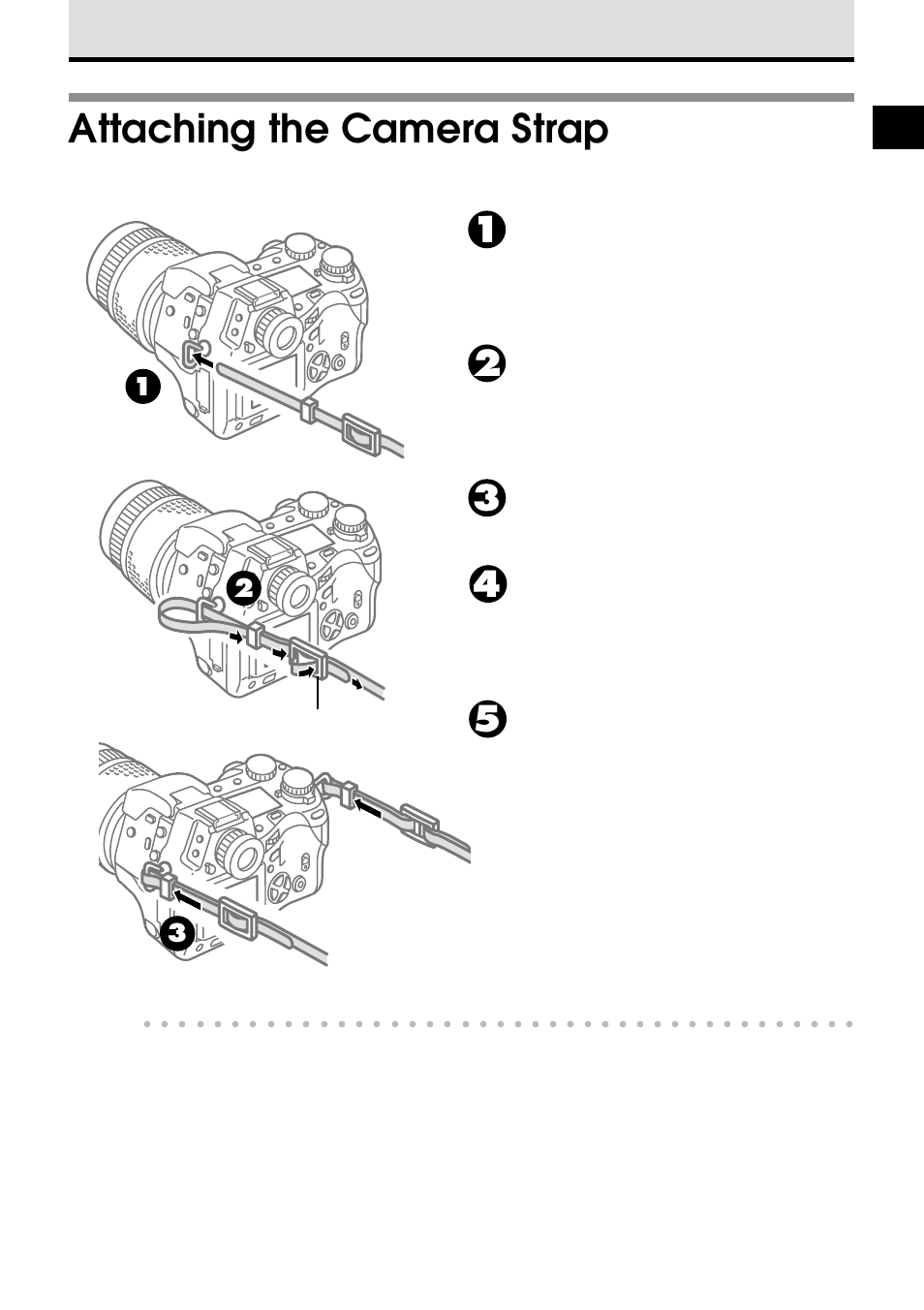 Attaching the camera strap, Slide the sleeve up to the eyelet, Frame | Olympus VT1621-01 User Manual | Page 23 / 202