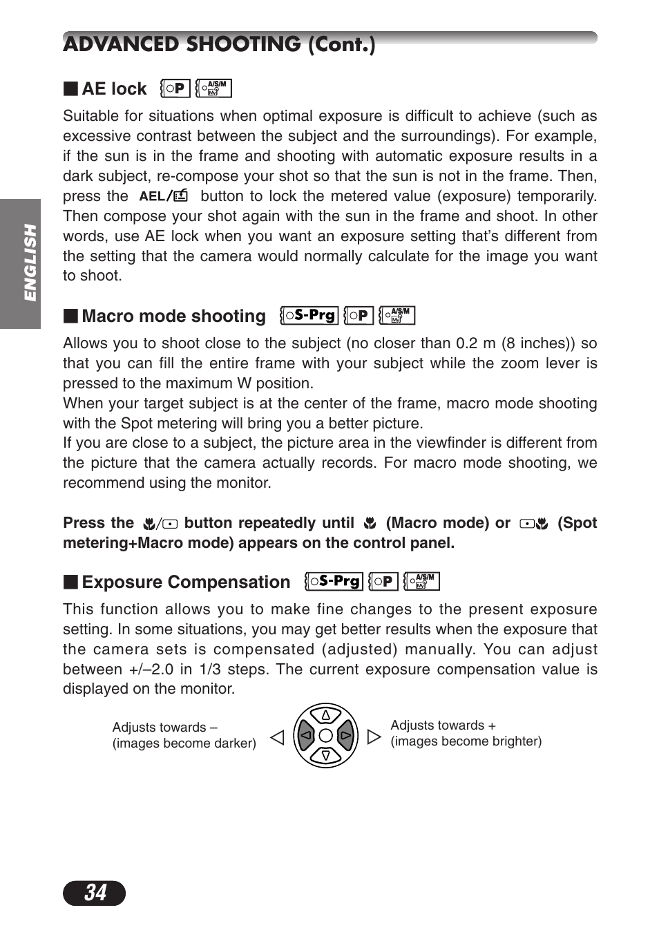 Нй advanced shooting (cont.) | Olympus C-3020ZOOM User Manual | Page 34 / 180
