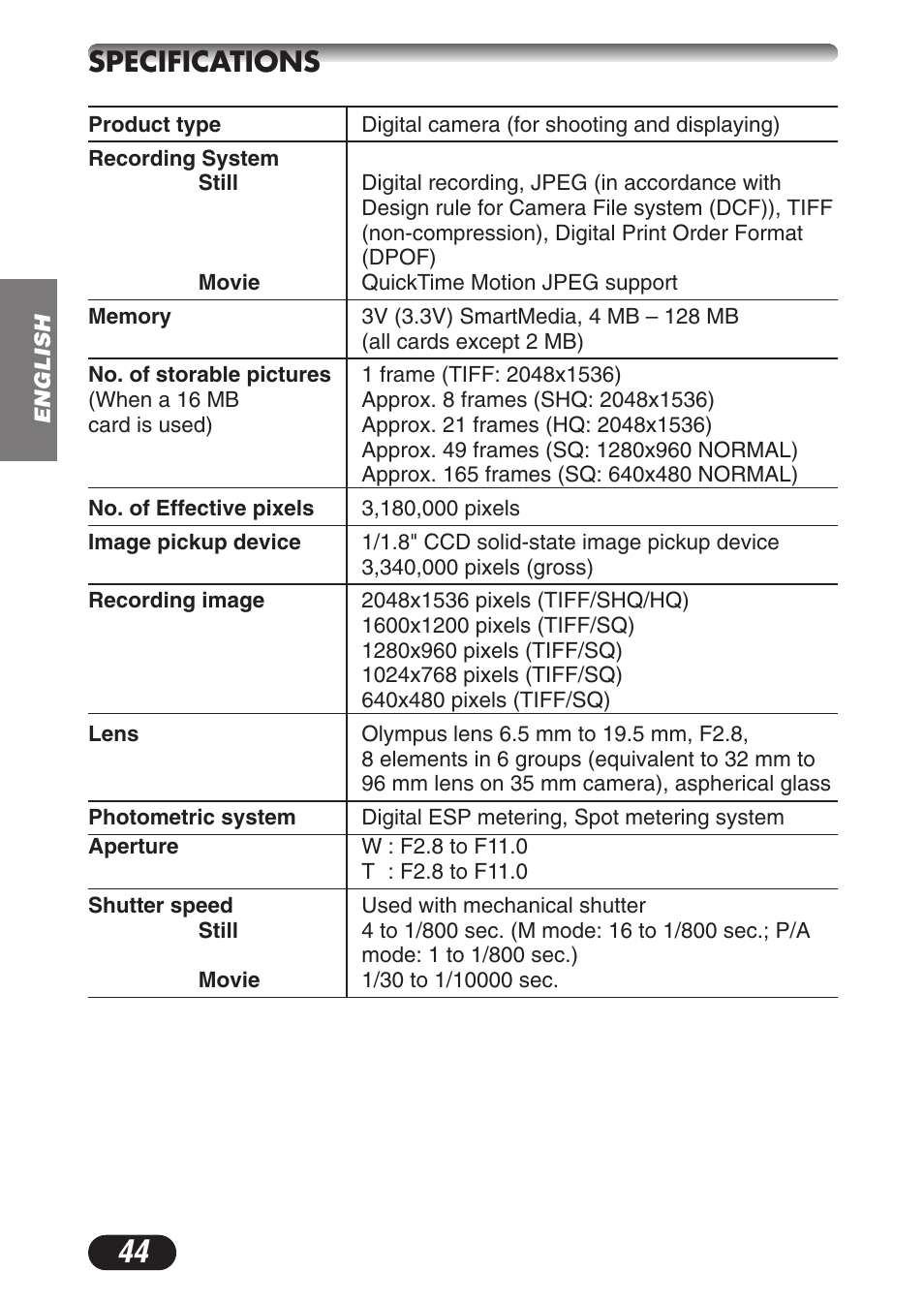 Specifications | Olympus C-3020ZOOM User Manual | Page 44 / 180