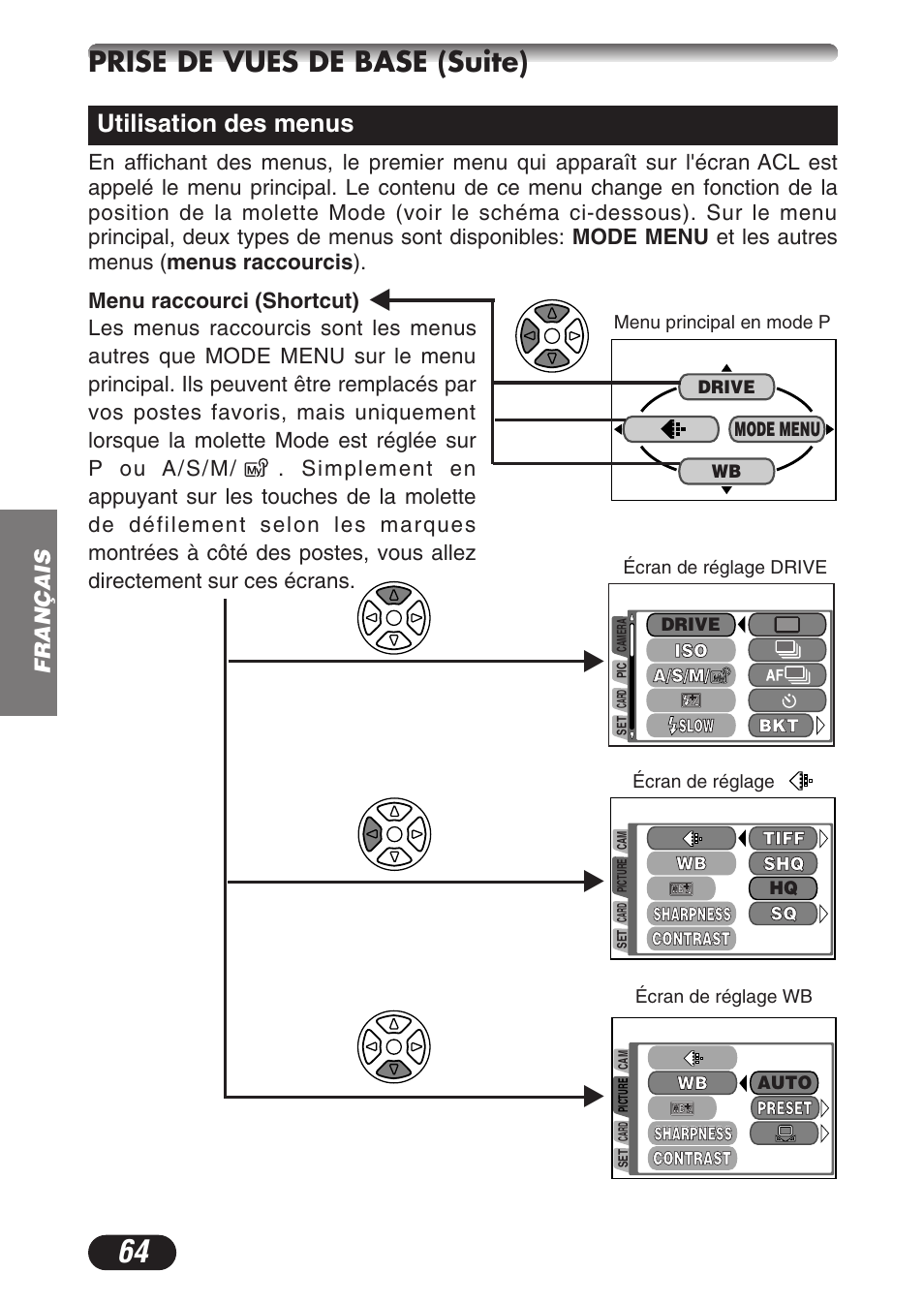 SSprise de vues de base (suite), Utilisation des menus | Olympus C-3020ZOOM User Manual | Page 64 / 180