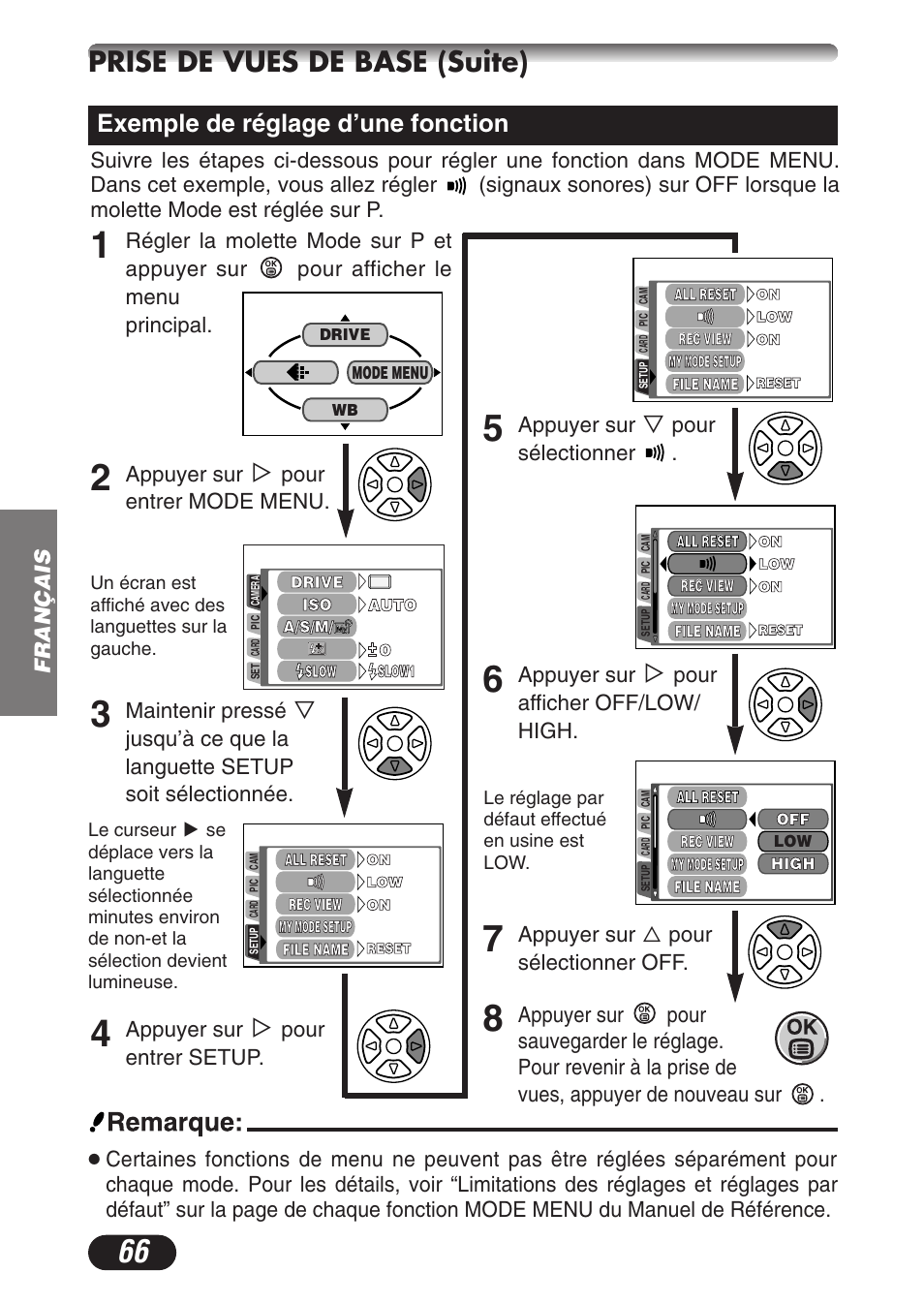 Prise de vues de base (suite), Exemple de réglage d’une fonction, Français | Appuyer sur, Pour entrer mode menu, Maintenir pressé, Pour entrer setup, Pour sélectionner, Pour afficher off/low/ high, Appuyer sur ñ pour sélectionner off | Olympus C-3020ZOOM User Manual | Page 66 / 180