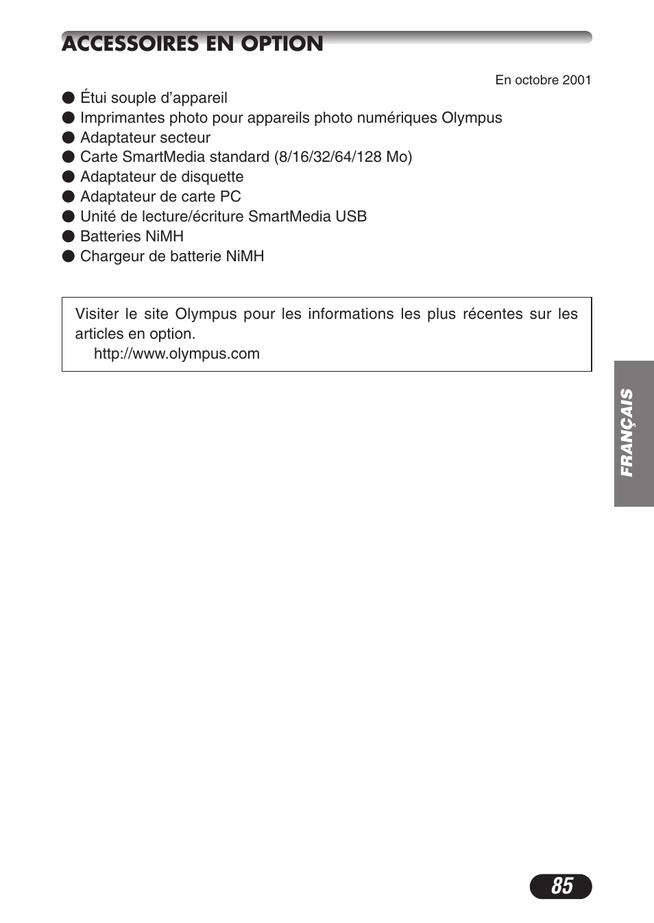 Accessoires en option | Olympus C-3020ZOOM User Manual | Page 85 / 180