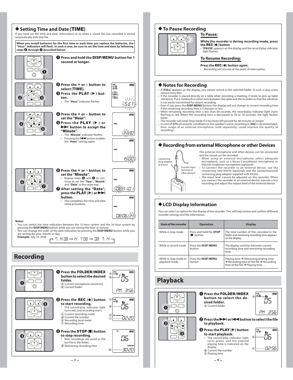 Recording, Playback, H setting time and date [ time | H lcd display information, H to pause recording | Olympus VN-5500  EN User Manual | Page 2 / 5