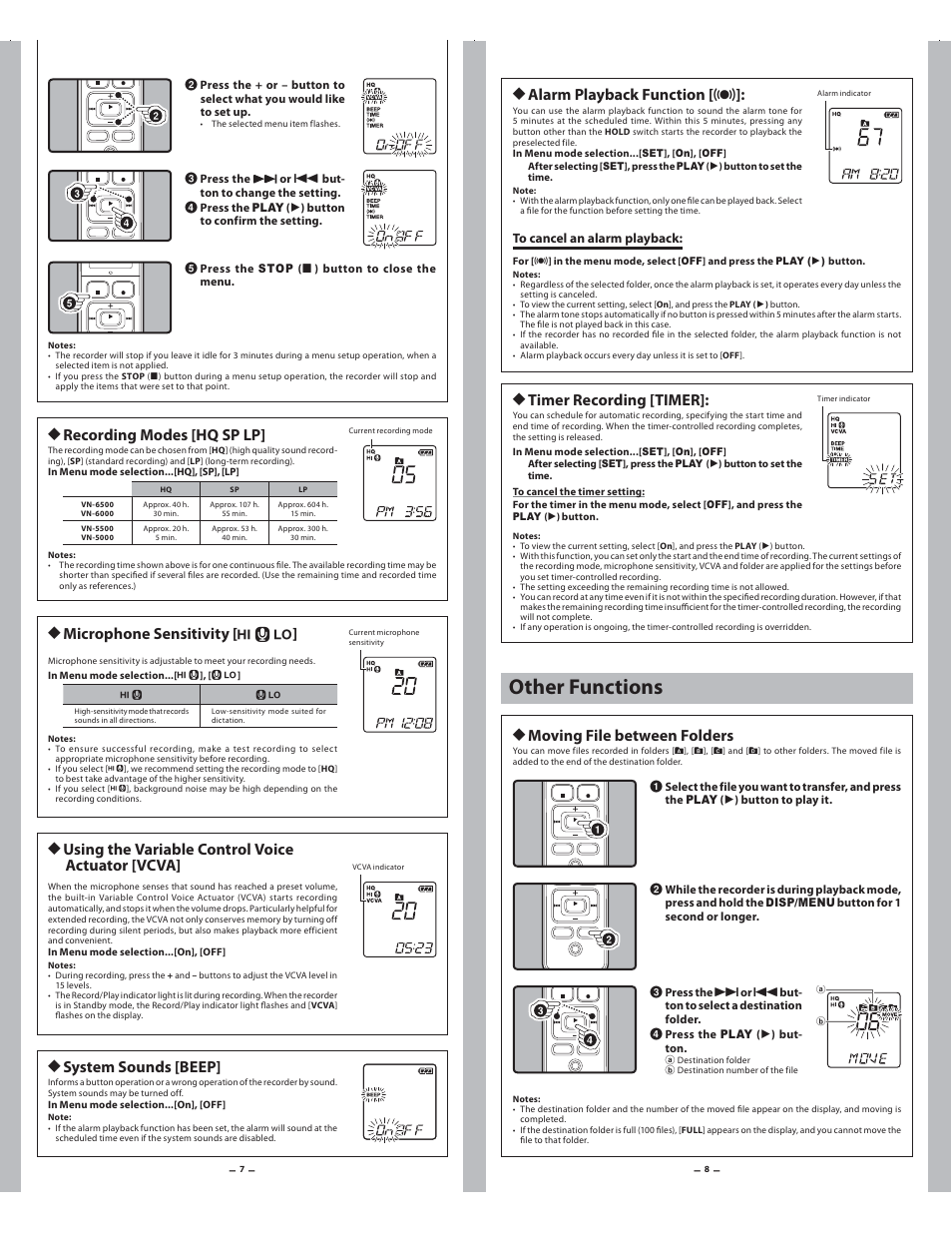 Other functions, H recording modes [hq sp lp, H moving file between folders | H alarm playback function, H microphone sensitivity, H timer recording [timer | Olympus VN-5500  EN User Manual | Page 4 / 5