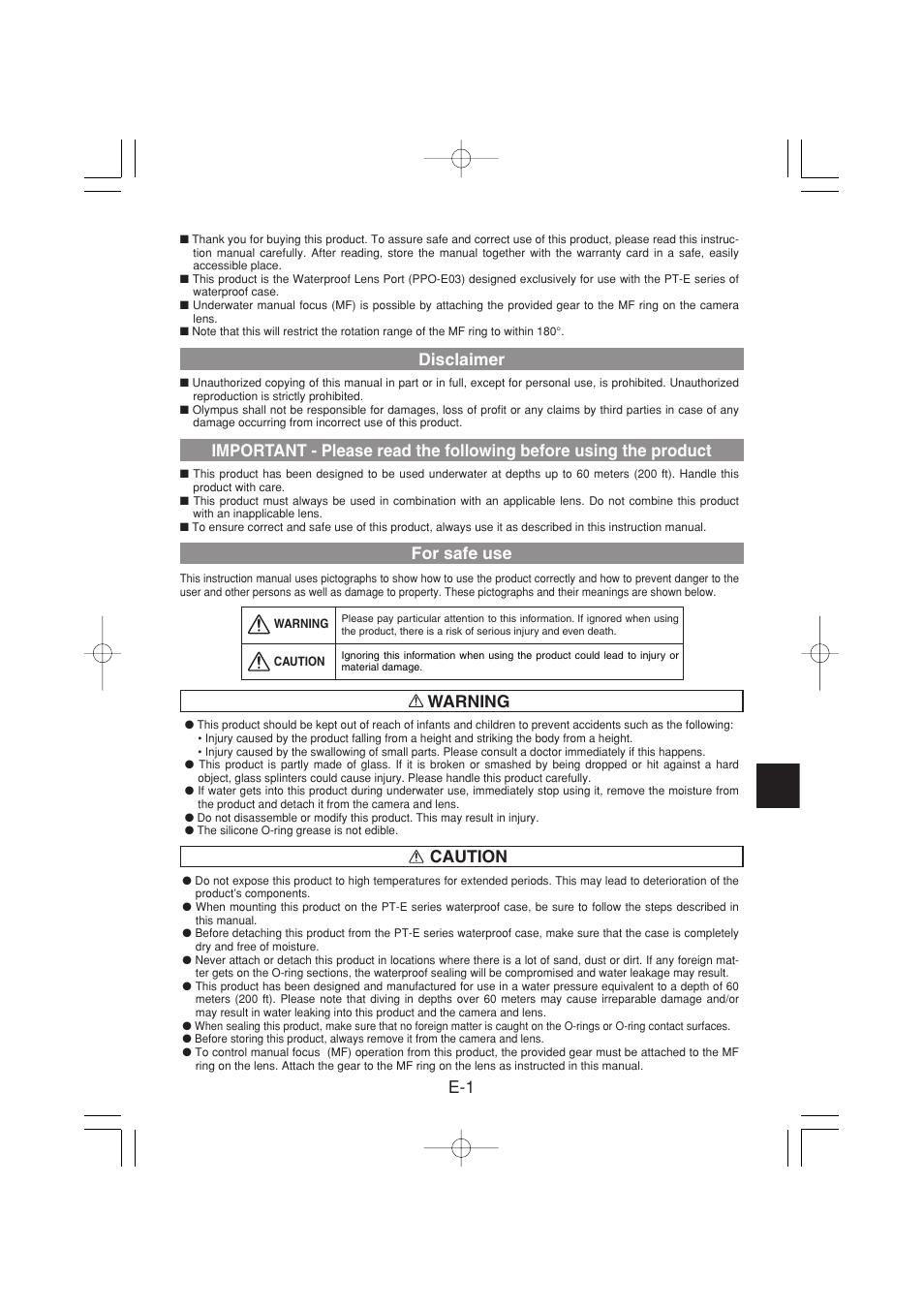 E-1 warning disclaimer, For safe use, Caution | Olympus PPO-E03 User Manual | Page 11 / 60