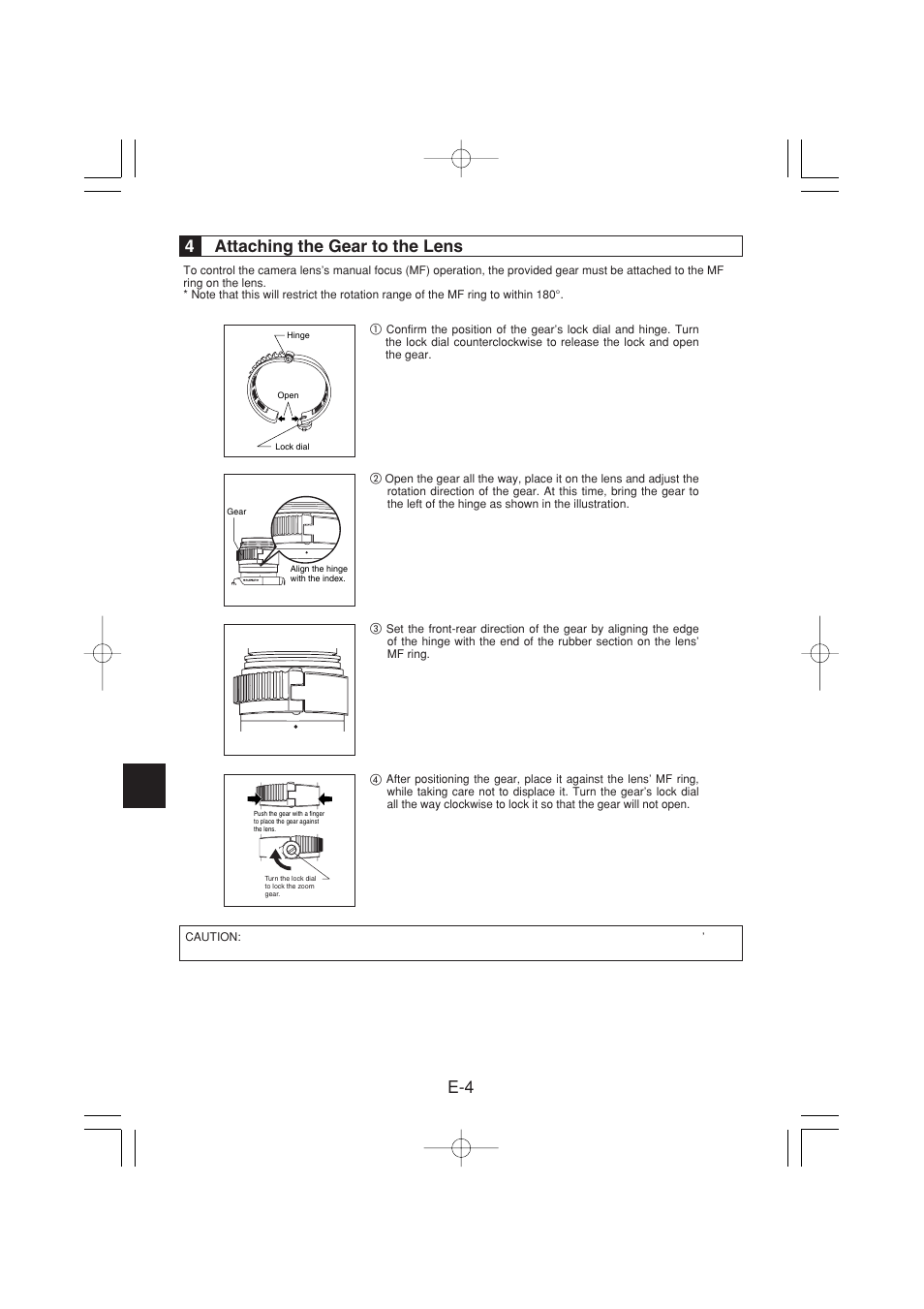 E-4 4 attaching the gear to the lens | Olympus PPO-E03 User Manual | Page 14 / 60