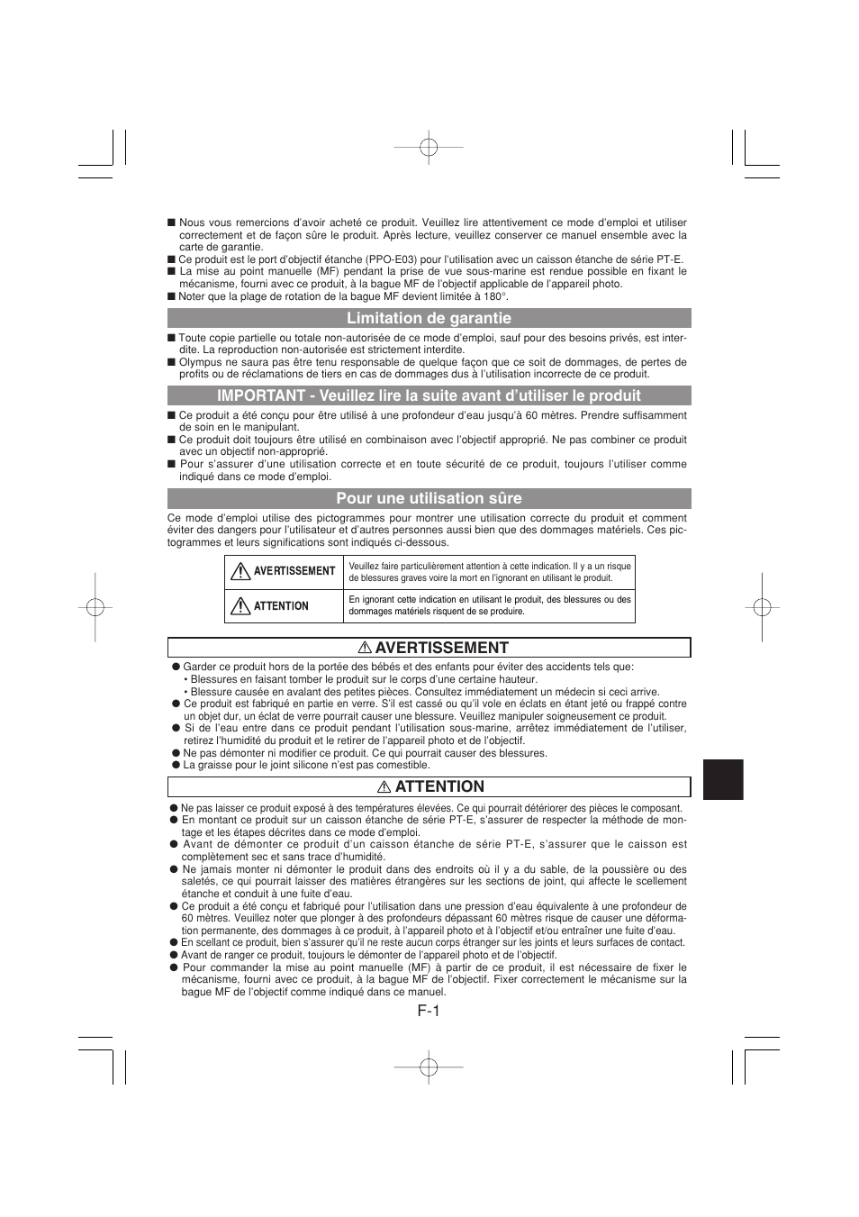 F-1 avertissement limitation de garantie, Pour une utilisation sûre, Attention | Olympus PPO-E03 User Manual | Page 19 / 60