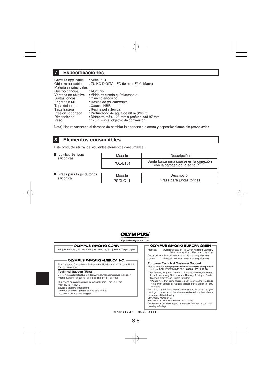 7especificaciones, 8elementos consumibles | Olympus PPO-E03 User Manual | Page 42 / 60