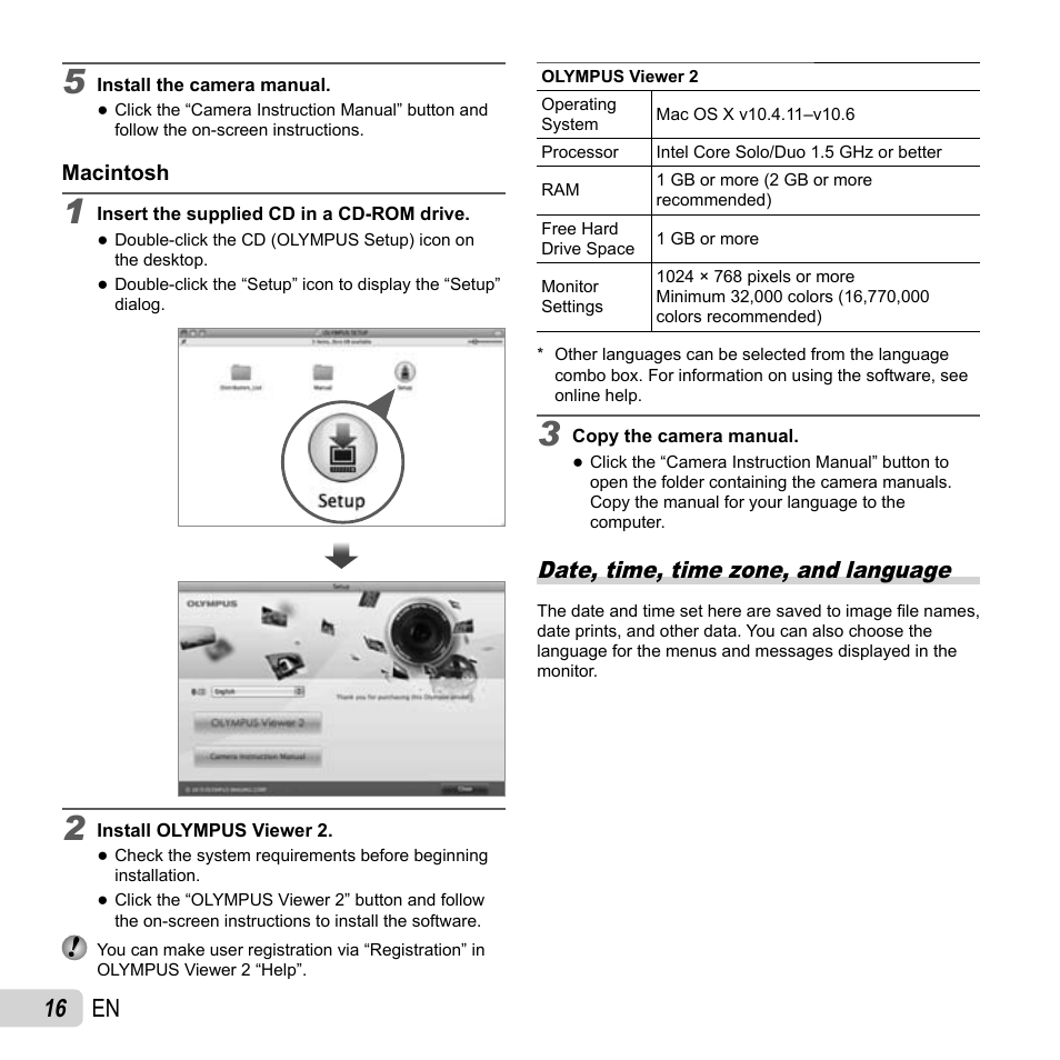 16 en, Date, time, time zone, and language | Olympus SP-610UZ User Manual | Page 16 / 84