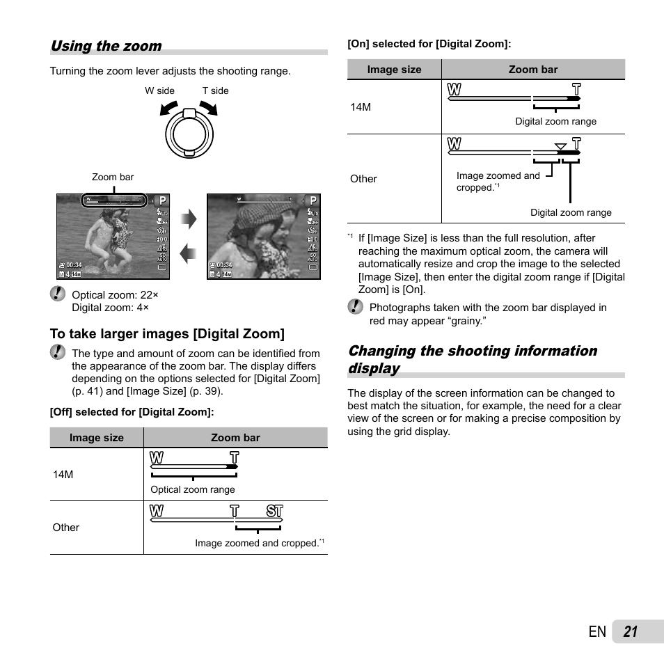 21 en, Using the zoom, Changing the shooting information display | Olympus SP-610UZ User Manual | Page 21 / 84