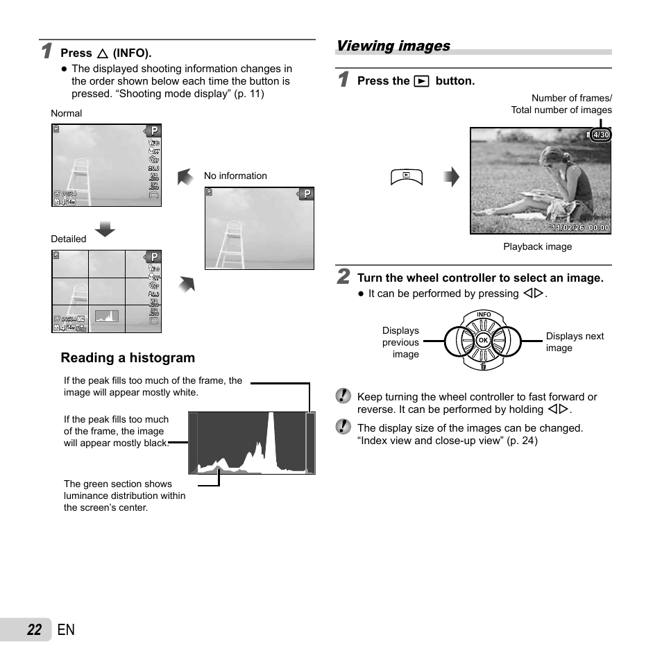 22 en, Viewing images, Reading a histogram | Press the q button, Turn the wheel controller to select an image, Press f (info) | Olympus SP-610UZ User Manual | Page 22 / 84