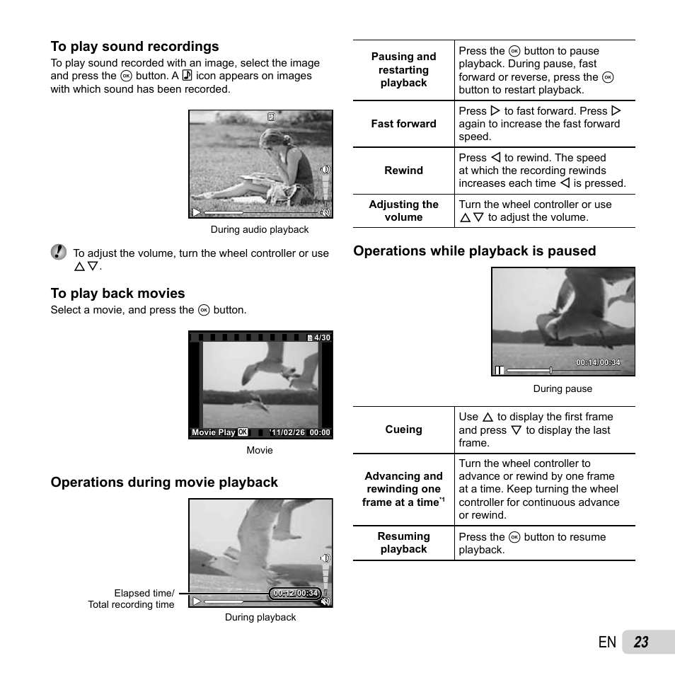 23 en, Operations during movie playback, Operations while playback is paused | Olympus SP-610UZ User Manual | Page 23 / 84