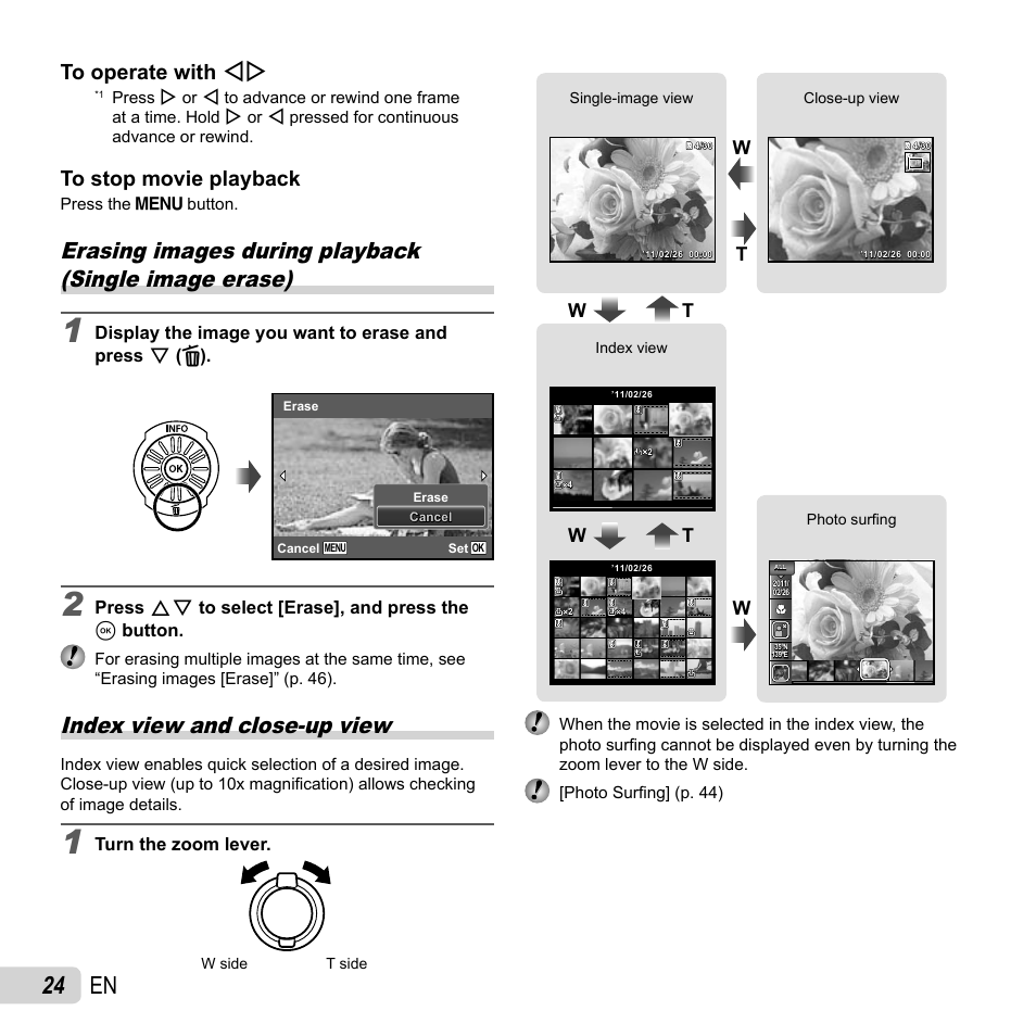 24 en, Index view and close-up view, Wt w t | Olympus SP-610UZ User Manual | Page 24 / 84