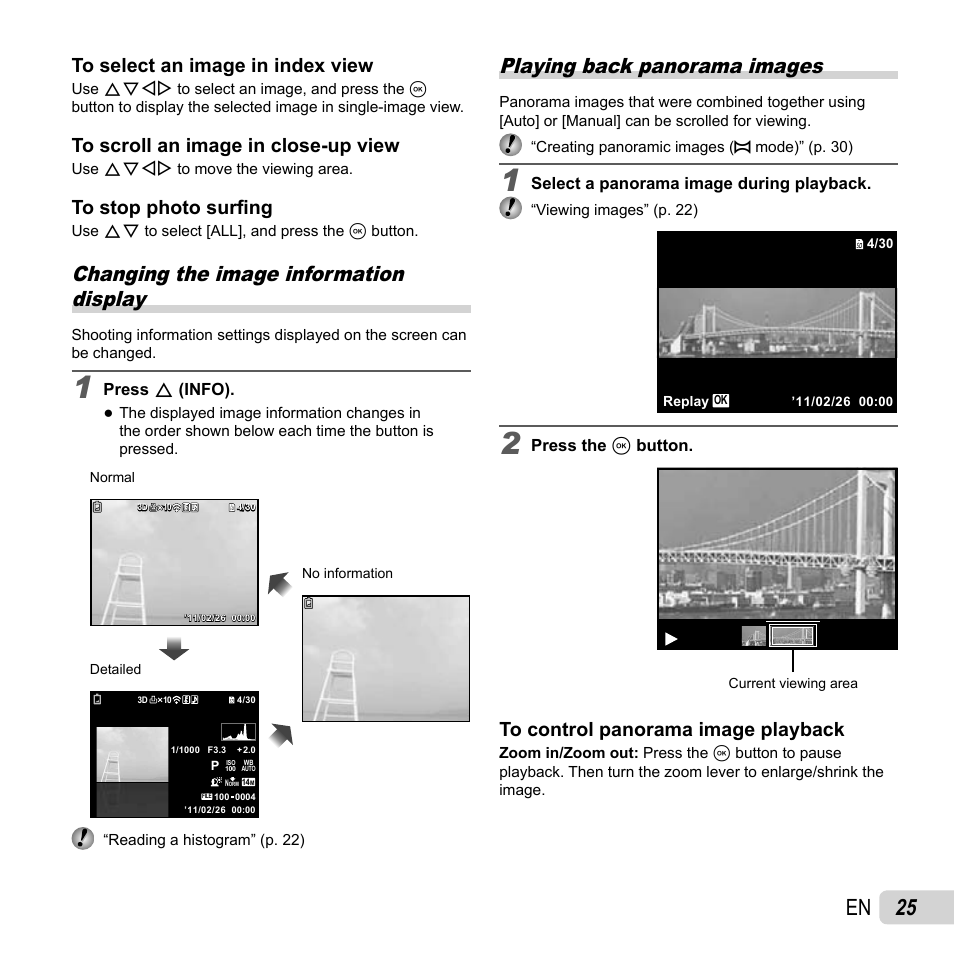 25 en, Changing the image information display, Playing back panorama images | Olympus SP-610UZ User Manual | Page 25 / 84