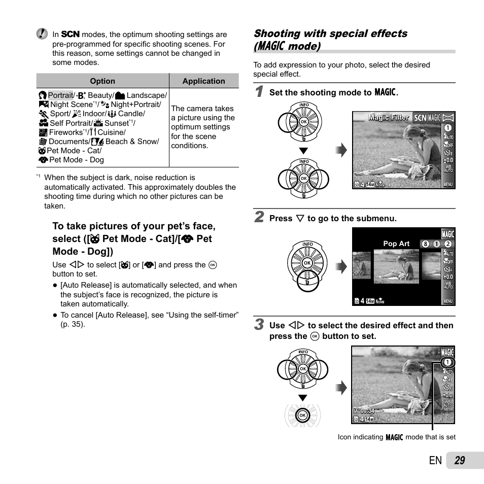 29 en, Shooting with special effects (p mode) | Olympus SP-610UZ User Manual | Page 29 / 84