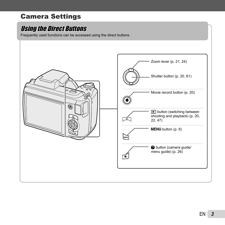 Using the direct buttons, Camera settings | Olympus SP-610UZ User Manual | Page 3 / 84