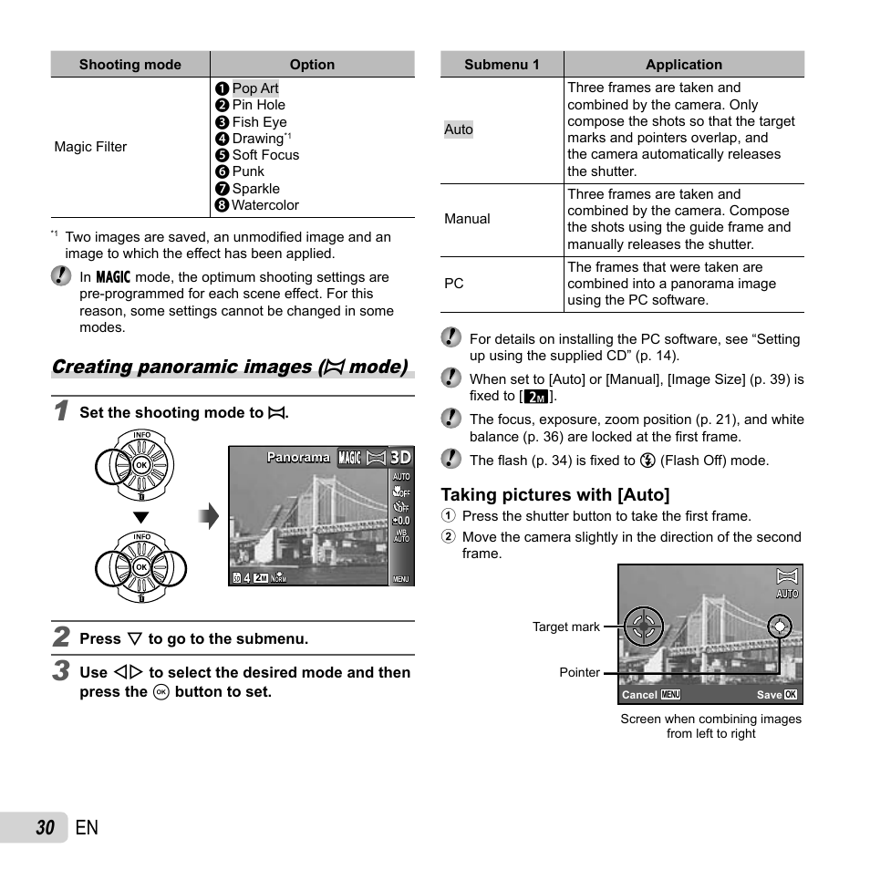 30 en, Creating panoramic images (p mode), Taking pictures with [auto | Olympus SP-610UZ User Manual | Page 30 / 84