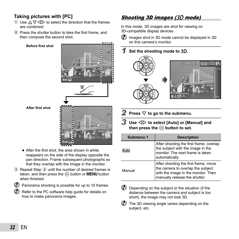 32 en, Shooting 3d images (w mode), Taking pictures with [pc | Olympus SP-610UZ User Manual | Page 32 / 84