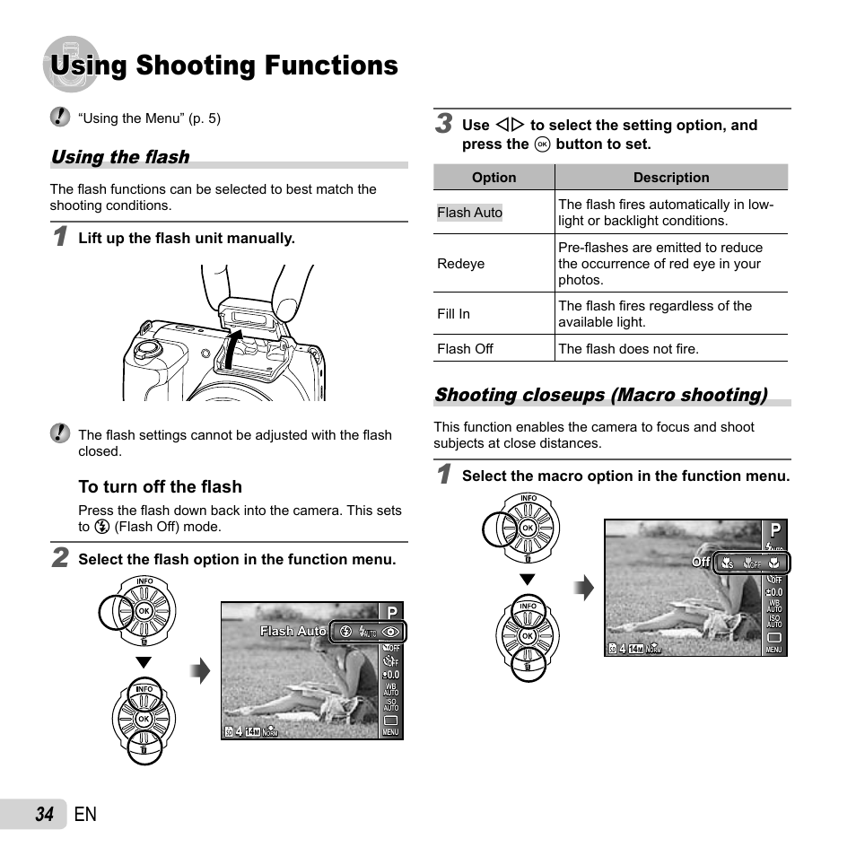 Using shooting functions, Using shooting functions 3, 34 en | Using the fl ash, Shooting closeups (macro shooting) | Olympus SP-610UZ User Manual | Page 34 / 84