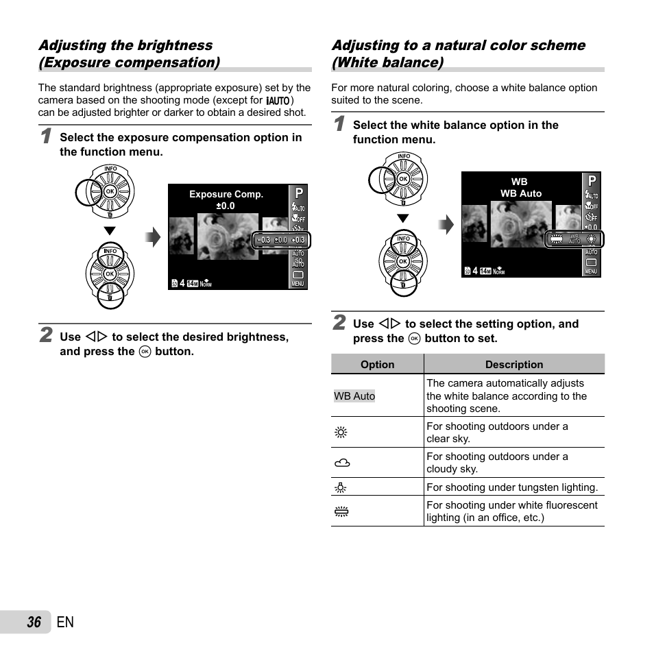 36 en, Adjusting the brightness (exposure compensation) | Olympus SP-610UZ User Manual | Page 36 / 84