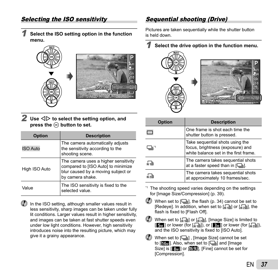 37 en, Selecting the iso sensitivity, Sequential shooting (drive) | Olympus SP-610UZ User Manual | Page 37 / 84